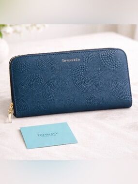 NWT Tiffany & Co. Leather Zip Wallet – Deep Teal Blue Wave Embossed Pattern